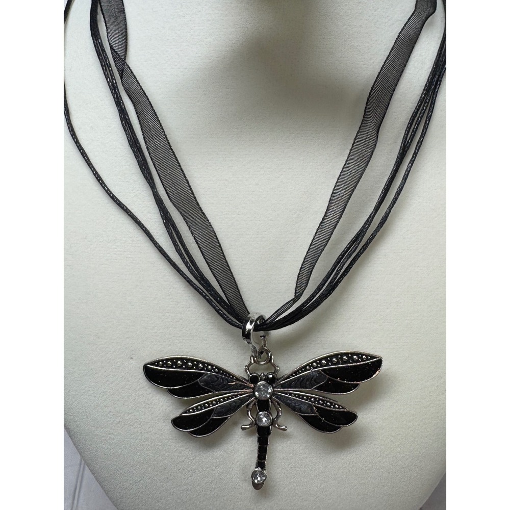 Black Dragonfly Pendant Necklace Silver Tone Rhinestone Multi Strand Ribbon Cord